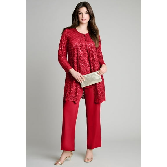 Roaman's Women's Plus Size Plus-Size 3 Piece Allover Sequin Lace Jacket And Tank Pant Set