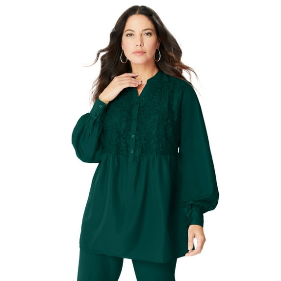 Roaman's Women's Plus Size Sequined Lace-Paneled Top