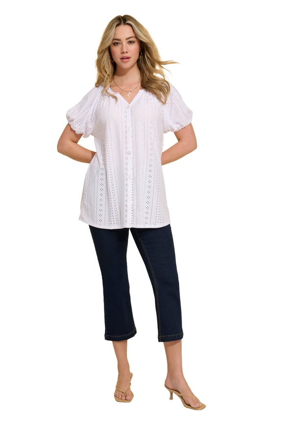 Women's Plus Size Shirred Eyelet Button-Front Blouson Tunic