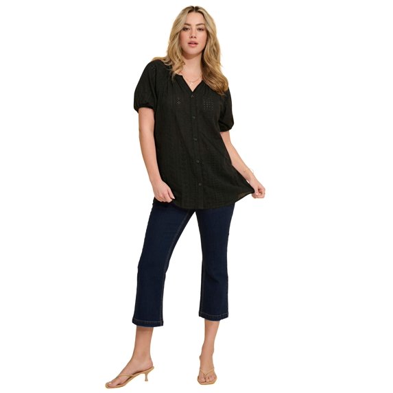 Roaman's Women's Plus Size Shirred Eyelet Button-Front Blouson Tunic