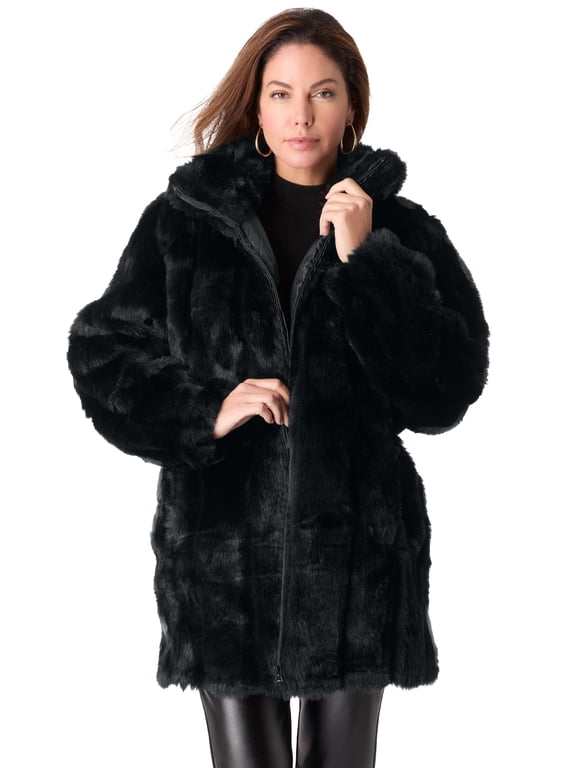 Women's Plus Size Mid-Length Hooded Faux Fur Coat