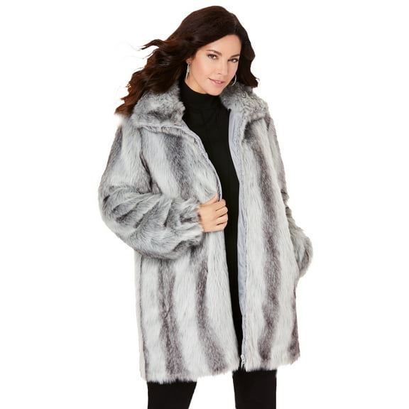 Roaman's Women's Plus Size Mid-Length Hooded Faux Fur Coat