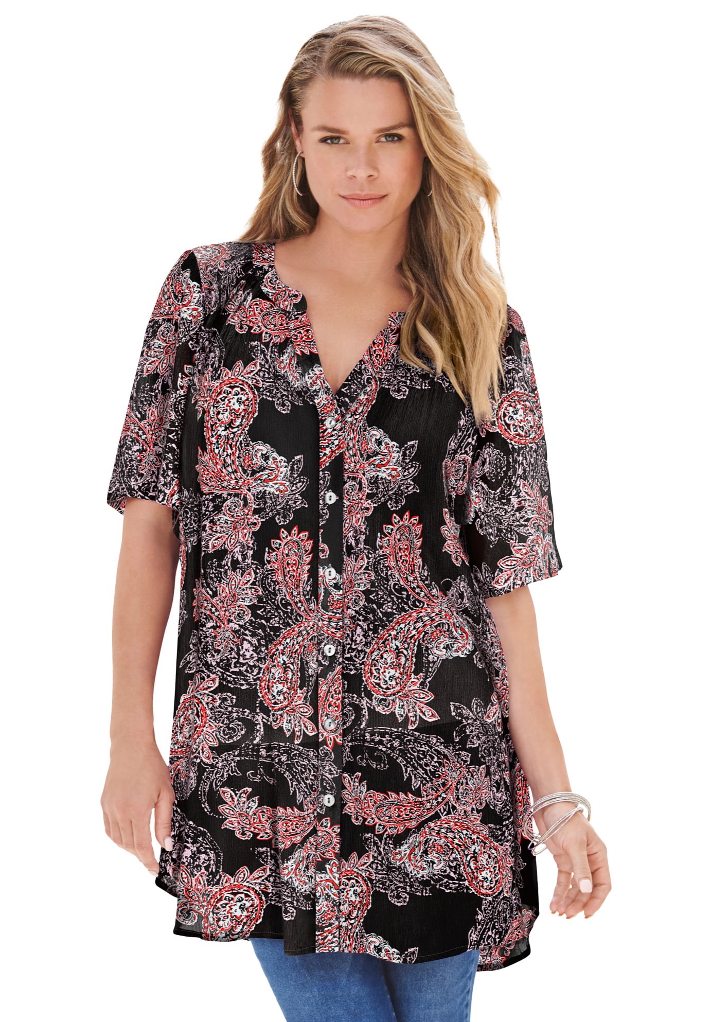Roaman's Plus Size Angelina Tunic - Short Sleeve Crinkle Crepe Top (Black Purple Floral, 18)