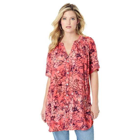 Roaman's Women's Plus Size Angelina Crinkle Crepe Y-Neck Short Sleeve Tunic