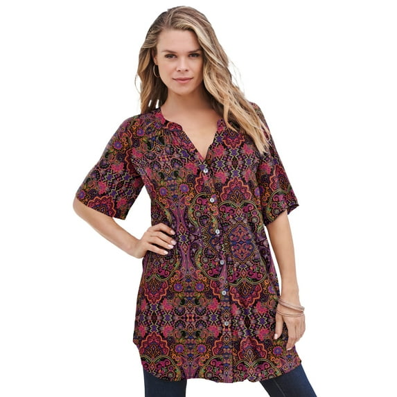 Roaman's Women's Plus Size Angelina Crinkle Crepe Y-Neck Short Sleeve Tunic