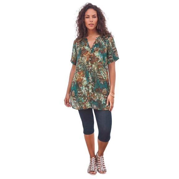 Roaman's Women's Plus Size Angelina Crinkle Crepe Y-Neck Short Sleeve Tunic
