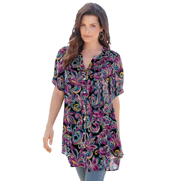 Roaman's Women's Plus Size Angelina Tunic Top – Short Sleeve, Flowy Fit, Everyday Comfort