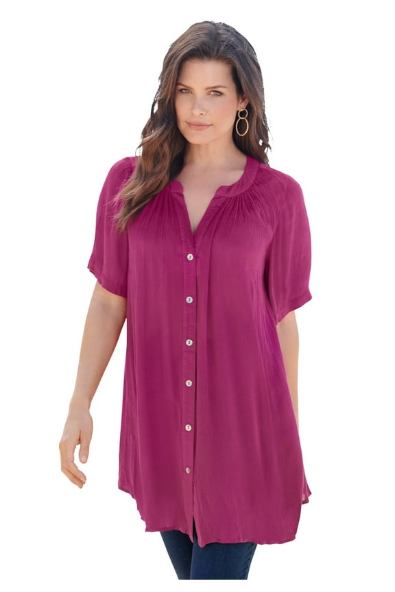 Women's Plus Size Angelina Crinkle Crepe Y-Neck Short Sleeve Tunic