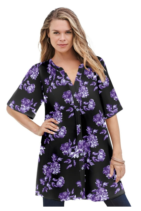 Women's Plus Size Angelina Crinkle Crepe Y-Neck Short Sleeve Tunic