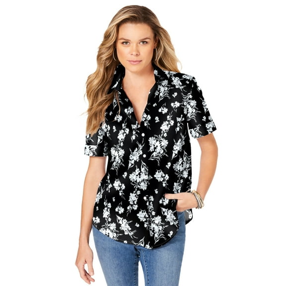 Roaman's Women's Plus Size Kate Short Sleeve Easy Cotton-Blend Button-Front Shirt