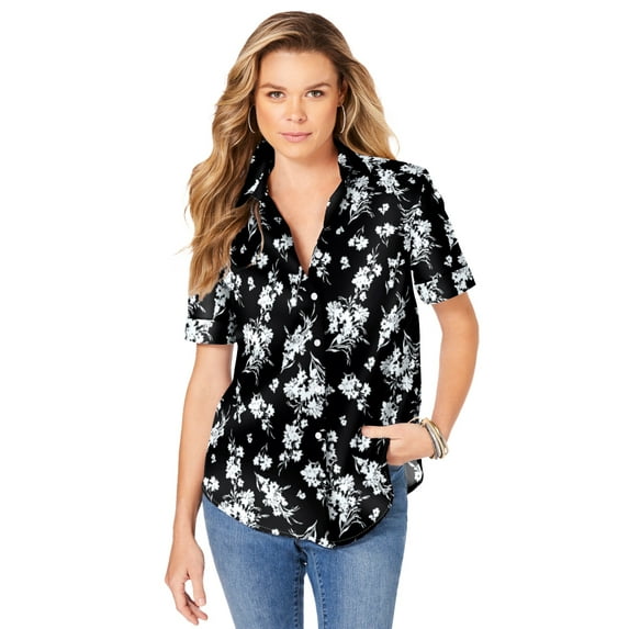 Roaman's Women's Plus Size Kate Short Sleeve Easy Cotton-Blend Button-Front Shirt
