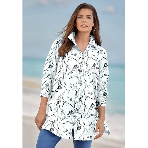 Roaman's Women's Plus Size Kate Short Sleeve Easy Cotton-Blend Button-Front Shirt