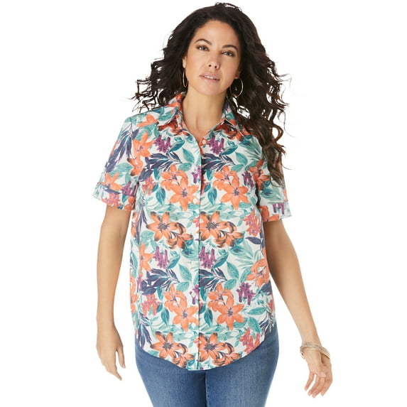 Roaman's Women's Plus Size Plus Size Kate Short Sleeve Easy Cotton-Blend Button-Front Shirt