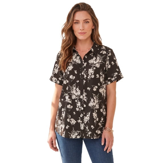 Roaman's Women's Plus Size Kate Short Sleeve Easy Cotton-Blend Button-Front Shirt