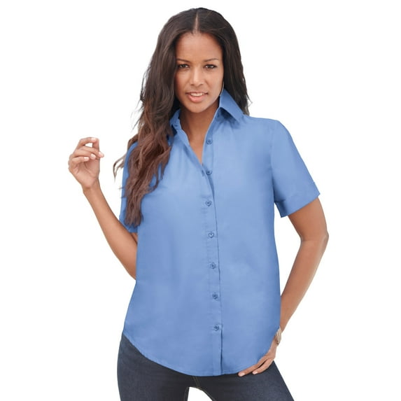 Roaman's Women's Plus Size Kate Short Sleeve Easy Cotton-Blend Button-Front Shirt