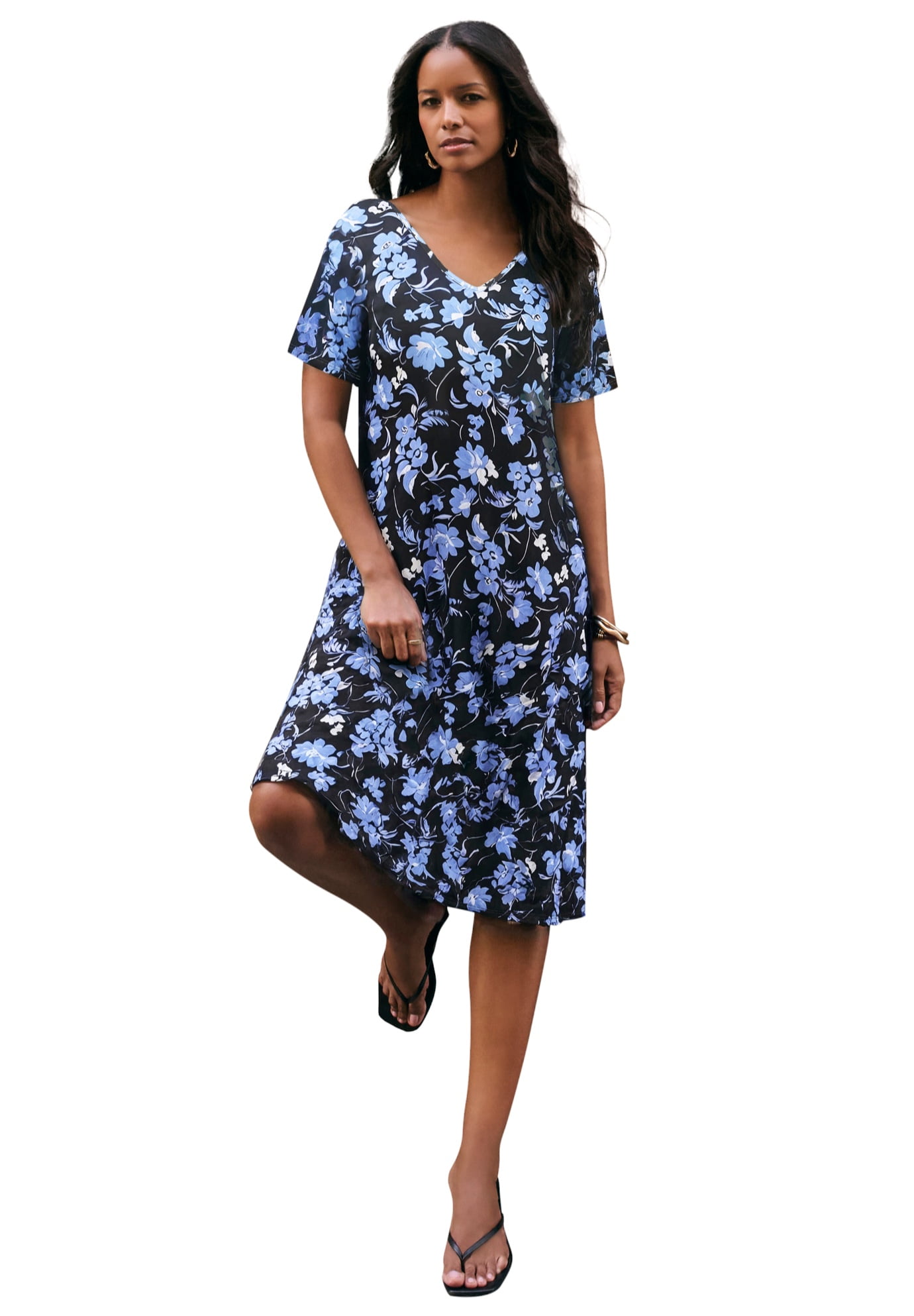 roamans plus size evening dresses Roaman's Women's Plus Size Petite Plus Size Short Sleeve Sleeve Swing Dress, Size: 14/16 Petite, Black