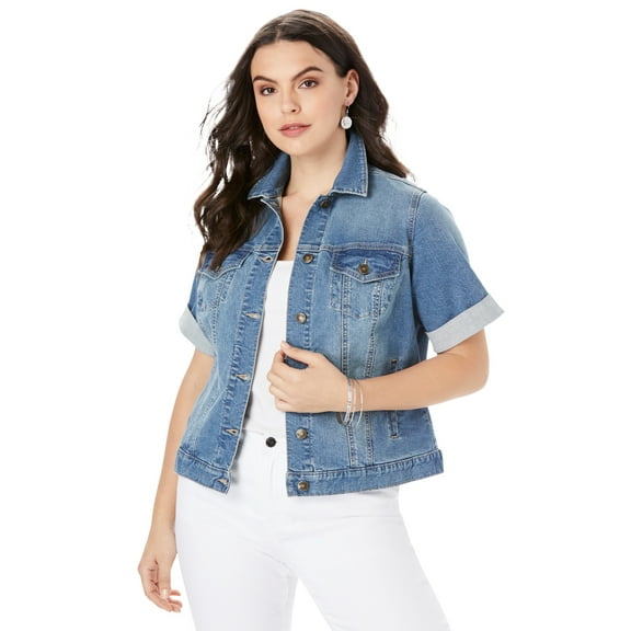 Roaman's Women's Plus Size Short-Sleeve Stretch Denim Jacket