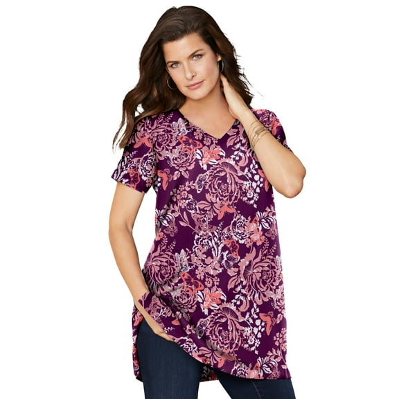Roaman's Women's Plus Size Cotton Short Sleeve V-Neck Ultimate Tunic