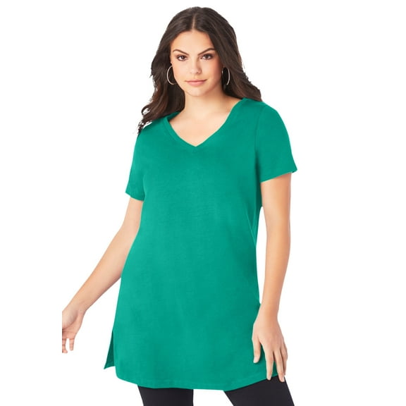 Roaman's Women's Plus Size Cotton Short Sleeve V-Neck Ultimate Tunic