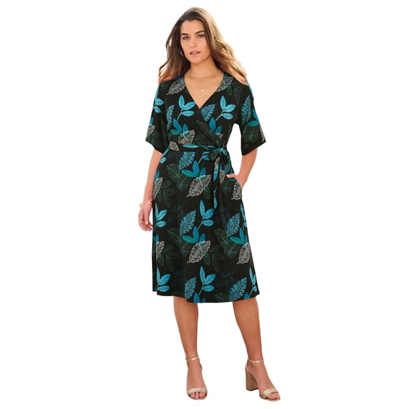 Roaman's Women's Plus Size Short Sleeve Wrap Fit And Flare Dress