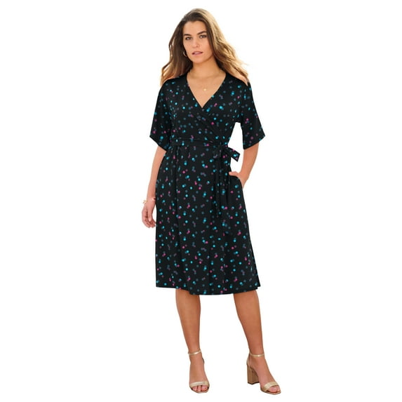 Roaman's Women's Plus Size Short Sleeve Wrap Fit And Flare Dress