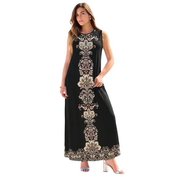 Roaman's Women's Plus Size Sleeveless Crew Neck Maxi Dress