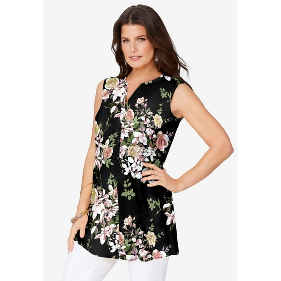 Roaman's Women's Plus Size Sleeveless Floral Big Shirt