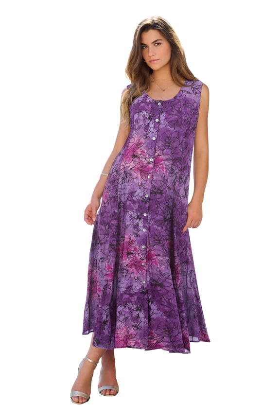 Women's Plus Size Sleveless Hand-Crinkled Button-Front A-Line Maxi – Curvy Breezy Dress