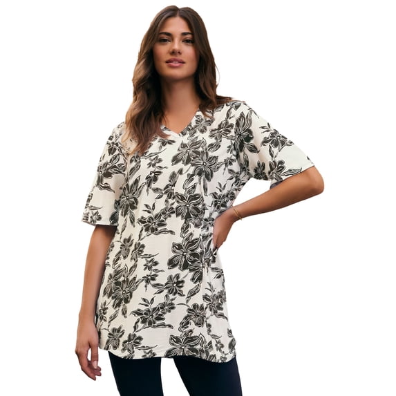 Roaman's Women's Plus Size Slub V-Neck Boyfriend Tunic Top