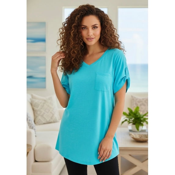 Roaman's Women's Plus Size Slub V-Neck Boyfriend Tunic Top