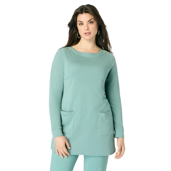 Roaman's Women's Plus Size Snap Button Boatneck Soft Knit Tunic