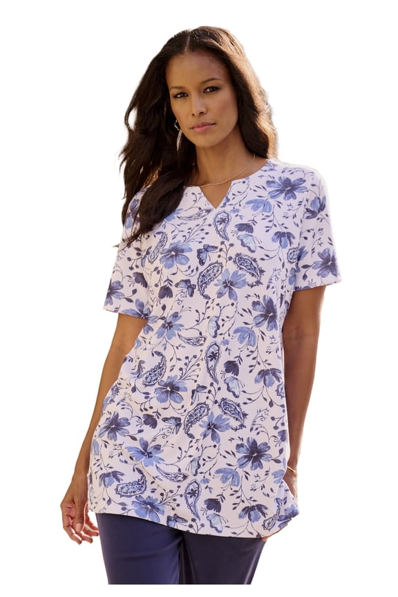 Women's Plus Size Soft Knit Print Tunic With Notch Neckline