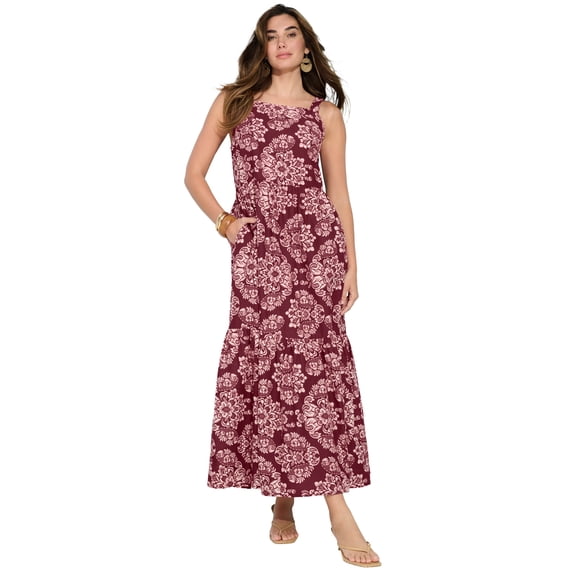 Roaman's Women's Plus Size Square Neck Adjustable Strap Maxi Dress