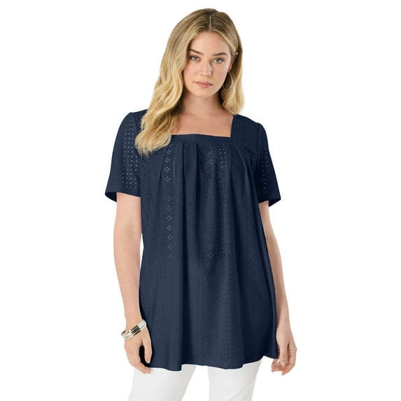 Roaman's Women's Plus Size Square Neck Eyelet Tunic