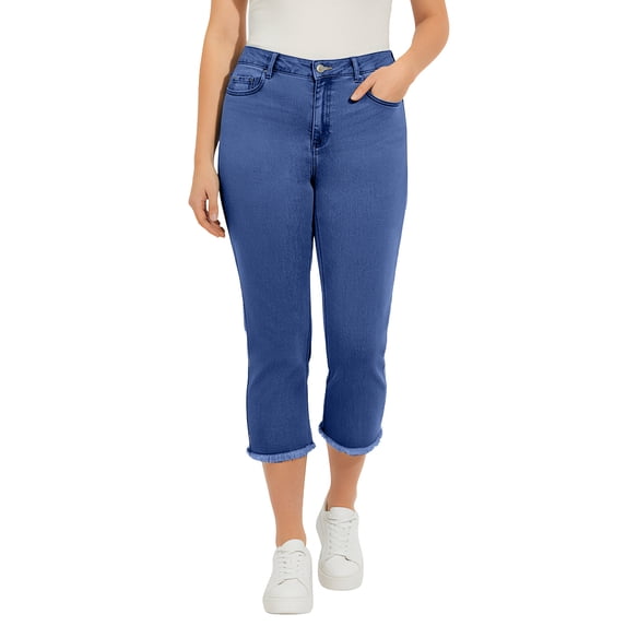 Roaman's Women's Plus Size Straight-Leg Frayed Hem Cropped Capri Jean