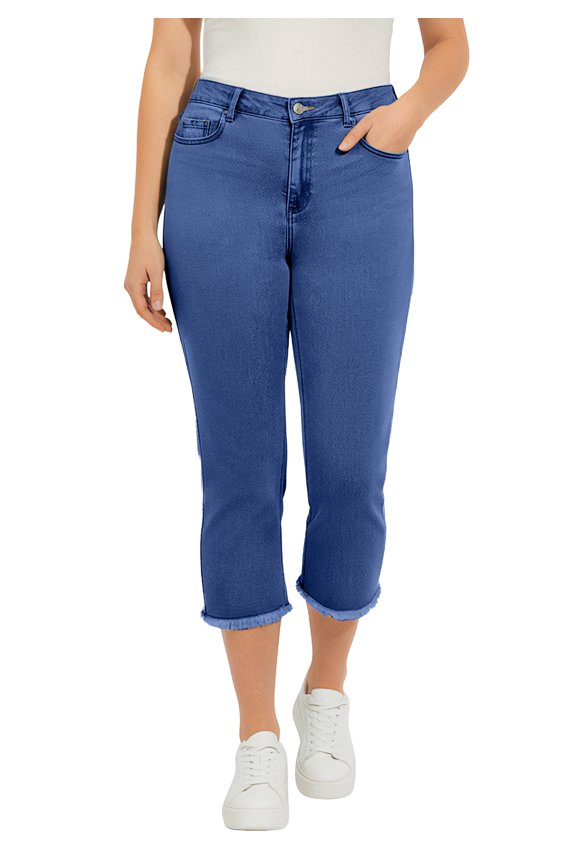 Women's Plus Size Straight-Leg Frayed Hem Cropped Capri Jean