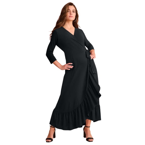 Roaman's Women's Plus Size Stretch Knit Faux Wrap Flounce Sleeve Midi Dress