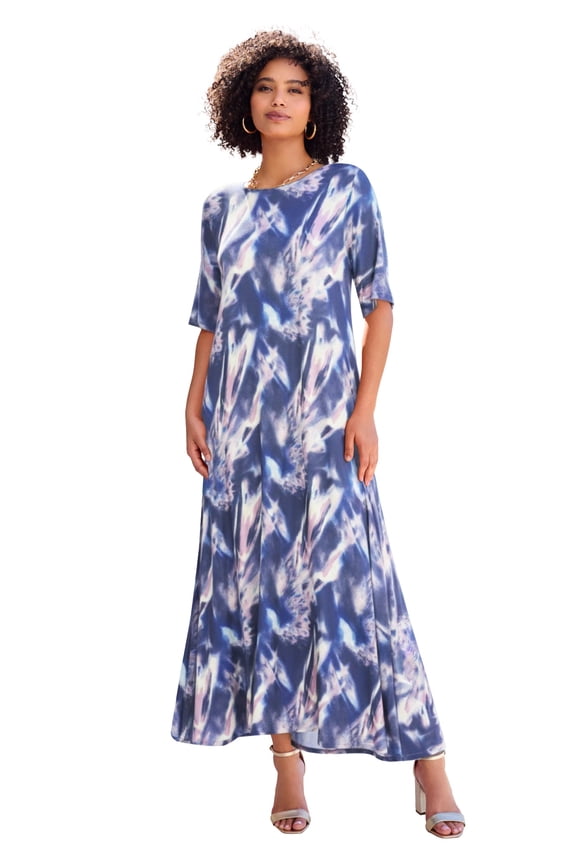 Women's Plus Size Stretch Knit High Low Short Sleeve Maxi Dress