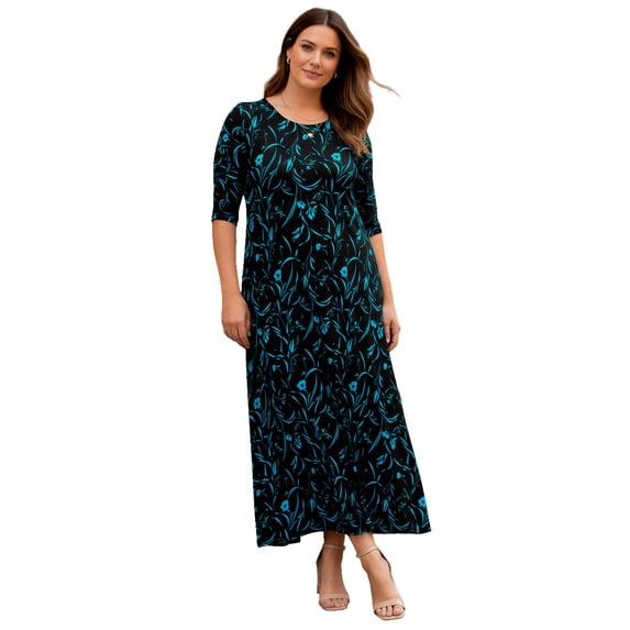 Roaman's Women's Plus Size Stretch Knit High Low Short Sleeve Maxi Dress