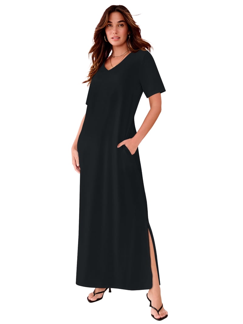 roamans dresses Roaman's Plus Size Stretch Knit Short Sleeve Maxi Dress With Side Slit Detail 100% NATURAL FIBRE Color:White/Cream 90S Dresses | REVOLVE Floral and soft melange knit