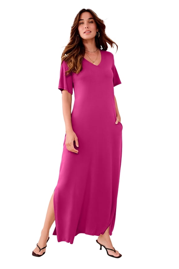 Women's Plus Size Stretch Knit Short Sleeve Maxi Dress With Side Slit Detail
