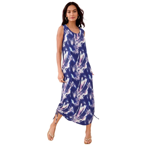 Roaman's Women's Plus Size Stretch Knit Sleeveless Midi Dress With Ruched Hem Detail