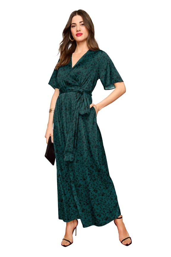 Women's Plus Size Stretch Satin Faux Wrap Dress