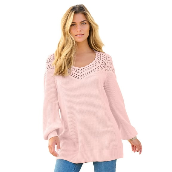Roaman's Women's Plus Size Crochet Pullover Sweater With Sweetheart Neckline