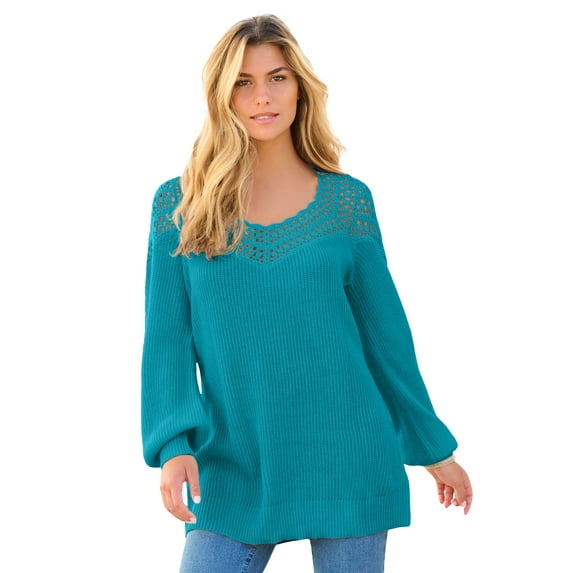 Roaman's Women's Plus Size Sweetheart Crochet Pullover Sweater
