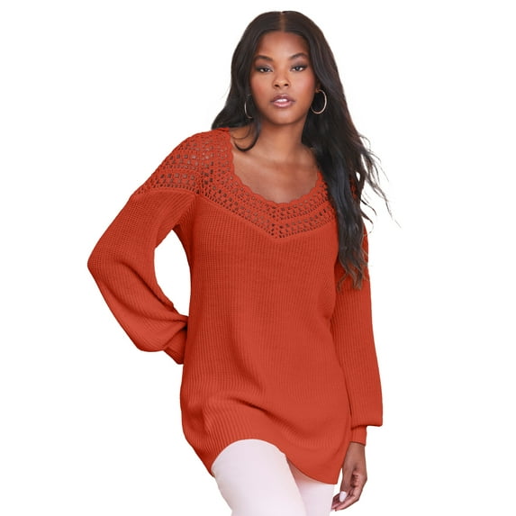 Roaman's Women's Plus Size Sweetheart Crochet Pullover Sweater