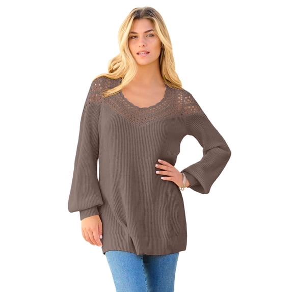 Roaman's Women's Plus Size Crochet Pullover Sweater With Sweetheart Neckline