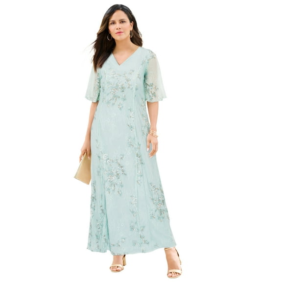 Roaman's Women's Plus Size Plus-Size Flutter Sleeve Allover Embroidered Gown