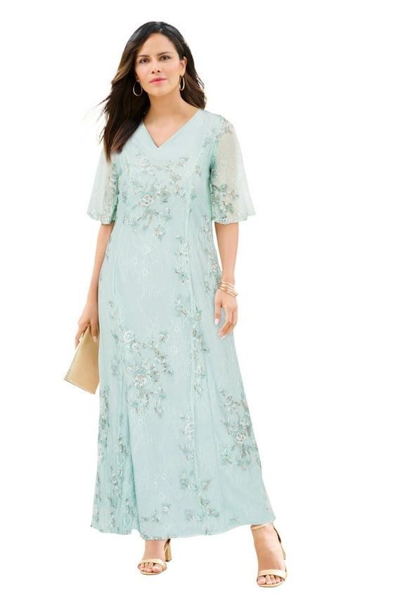 Women's Plus Size Plus-Size Flutter Sleeve Allover Embroidered Gown
