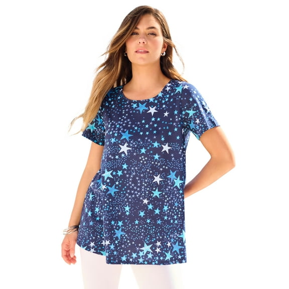 Roaman's Women's Plus Size Cotton Ultimate Swing Tee With Keyhole Back